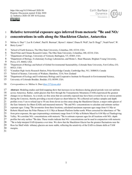 Relative Terrestrial Exposure Ages Inferred from Meteoric 10Be and NO3 Concentrations in Soils Along the Shackleton Glacier