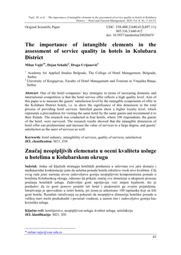 The Importance of Intangible Elements in the Assessment of Service Quality in Hotels in Kolubara District – Hotel and Tourism Management, 2020, Vol