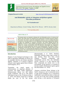 Anti Helminthis Activity of Alangium Salviifolium Against Pheretima Posthumous