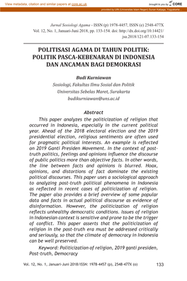 Politisasi Agama Di Tahun Politik: Politik Pasca-Kebenaran Di Indonesia Dan Ancaman Bagi Demokrasi