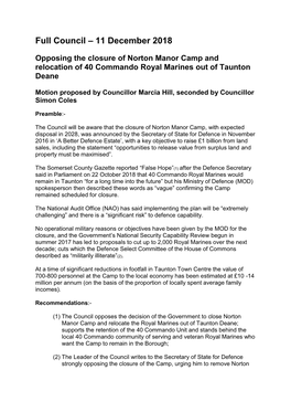 Full Council – 11 December 2018 Opposing the Closure of Norton Manor Camp and Relocation of 40 Commando Royal Marines out of Taunton Deane