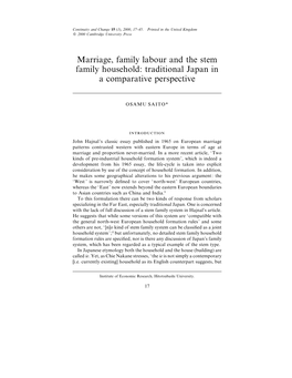 Marriage, Family Labour and the Stem Family Household: Traditional Japan in a Comparative Perspective