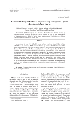 Larvicidal Activity of Centaurea Bruguierana Ssp. Belangerana Against Anopheles Stephensi Larvae