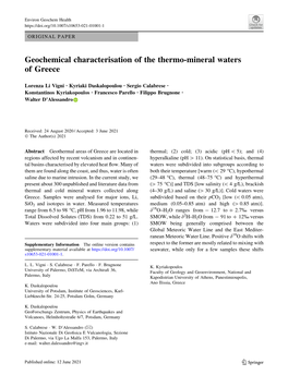 Geochemical Characterisation of the Thermo-Mineral Waters of Greece