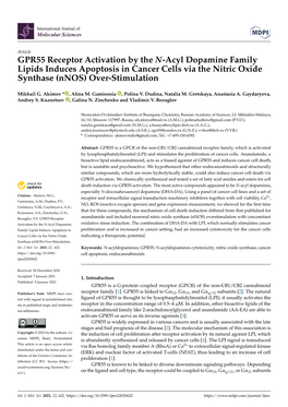 GPR55 Receptor Activation by the N-Acyl Dopamine Family Lipids Induces Apoptosis in Cancer Cells Via the Nitric Oxide Synthase (Nnos) Over-Stimulation