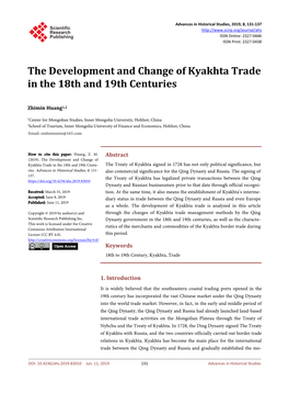 The Development and Change of Kyakhta Trade in the 18Th and 19Th Centuries