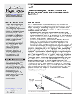 GAO-09-844 Highlights, NASA: Constellation Program Lacks A