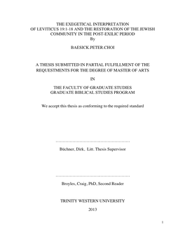 THE EXEGETICAL INTERPRETATION of LEVITICUS 19:1-18 and the RESTORATION of the JEWISH COMMUNITY in the POST-EXILIC PERIOD By