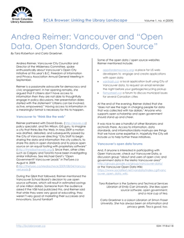 Andrea Reimer: Vancouver and “Open Data, Open Standards, Open Source” by Tara Robertson and Carla Graebner