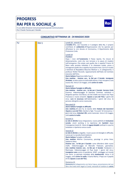 RAI PER IL SOCIALE 6 E a Cura Della Direzione Comunicazione/Corporate Communication Per Il Tavolo Tecnico Per Il Sociale