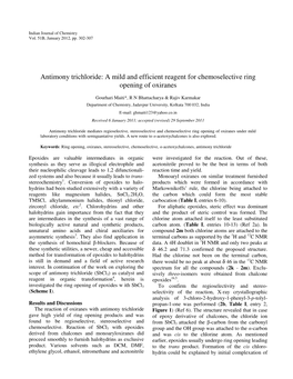 Antimony Trichloride: a Mild and Efficient Reagent for Chemoselective Ring Opening of Oxiranes