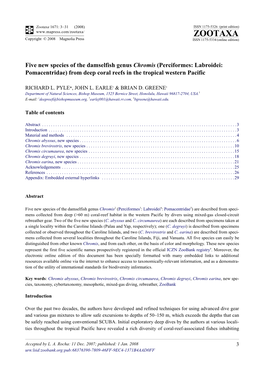 Zootaxa Pisces: Five New Species of the Damselfish Genus Chromis