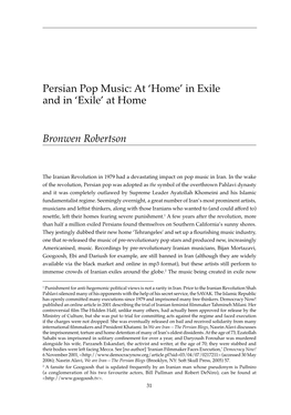 Persian Pop Music: at 'Home' in Exile and in 'Exile' at Home Bronwen