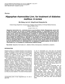 Hippophae Rhamnoides Linn. for Treatment of Diabetes Mellitus: a Review