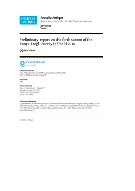 Preliminary Report on the Forth Season of the Konya-Ereğli Survey (KEYAR) 2016