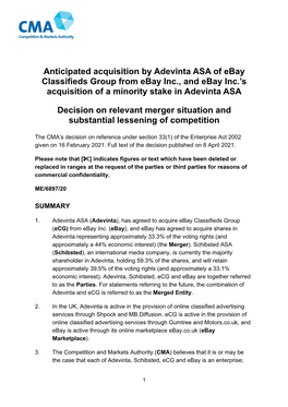 Anticipated Acquisition by Adevinta ASA of Ebay Classifieds Group from Ebay Inc., and Ebay Inc.’S Acquisition of a Minority Stake in Adevinta ASA