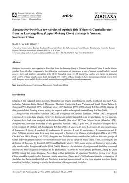 Zootaxa, Bangana Brevirostris, a New Species of Cyprinid