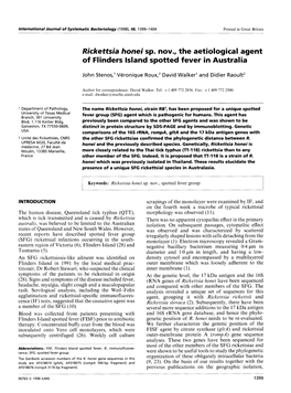 Rickettsia Honei Sp. Nov., the Aetiological Agent of Flinders Island Spotted Fever in Australia