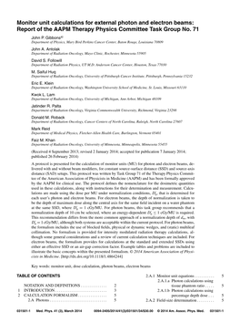 Monitor Unit Calculations for External Photon and Electron Beams: Report of the AAPM Therapy Physics Committee Task Group No. 71 John P