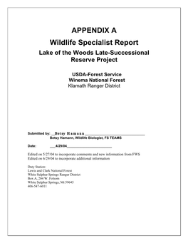 Wildlife Specialist Report Lake of the Woods Late-Successional Reserve Project