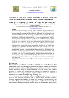 Assessment of Small Scale Farmers Membership of Farmers Groups and Access to Credit in Atyap Chiefdom of Zangon Kataf LGA, Kaduna State