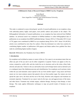 A Bibliometric Study of Research Output of BRICS on Eye Neoplasm