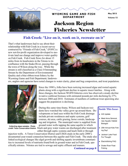 Jackson Region Fisheries Newsletter Fish Creek: “Live on It, Work on It, Recreate on It”