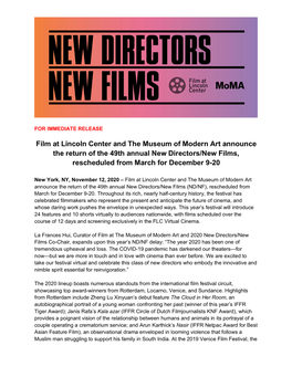 Film at Lincoln Center and the Museum of Modern Art Announce the Return of the 49Th Annual New Directors/New Films, Rescheduled from March for December 9-20