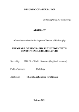 REPUBLIC of AZERBAIJAN on the Rights of the Manuscript ABSTRACT of the Dissertation for the Degree of Doctor of Philosophy