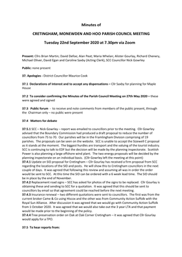 Minutes of CRETINGHAM, MONEWDEN and HOO PARISH