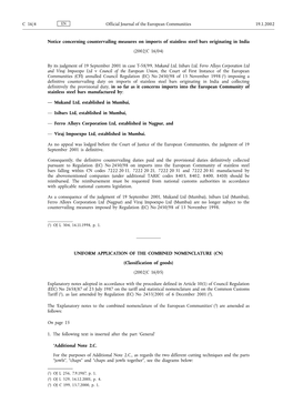 Notice Concerning Countervailing Measures on Imports of Stainless Steel Bars Originating in India