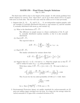 MATH 376 – Final Exam Sample Solutions May 11, 2018