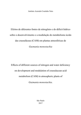 Efeitos De Diferentes Fontes De Nitrogênio E Do Déficit Hídrico Sobre O Desenvolvimento E a Modulação Do Metabolismo Ácido