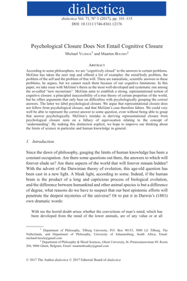 Psychological Closure Does Not Entail Cognitive Closure † ‡ Michael VLERICK and Maarten BOUDRY