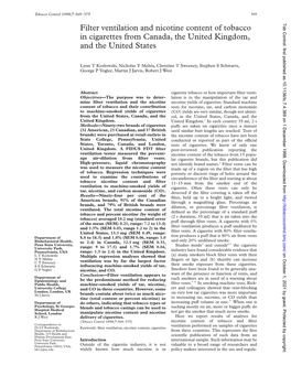 Filter Ventilation and Nicotine Content of Tobacco in Cigarettes from Canada, the United Kingdom, and the United States