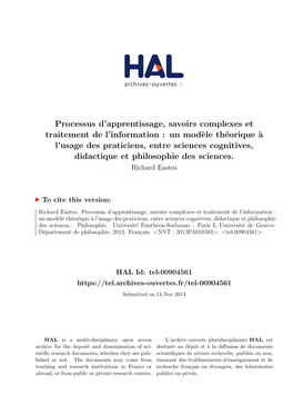 Processus D'apprentissage, Savoirs Complexes Et Traitement De