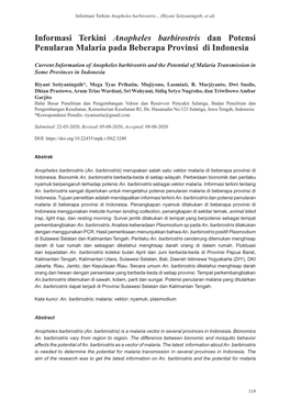 Informasi Terkini Anopheles Barbirostris Dan Potensi Penularan Malaria Pada Beberapa Provinsi Di Indonesia