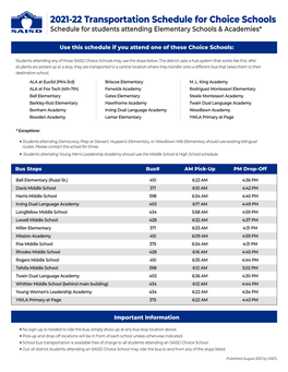 2020-21 Transportation Schedule for Choice Schools