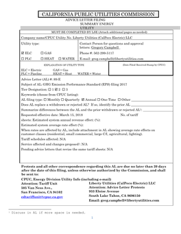 CALIFORNIA PUBLIC UTILITIES COMMISSION ADVICE LETTER FILING SUMMARY ENERGY UTILITY MUST BE COMPLETED by LSE (Attach Additional Pages As Needed)