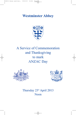 A Service of Commemoration and Thanksgiving to Mark ANZAC Day