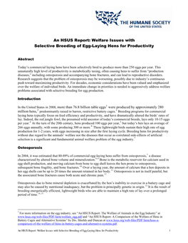 An HSUS Report: Welfare Issues with Selective Breeding of Egg-Laying Hens for Productivity