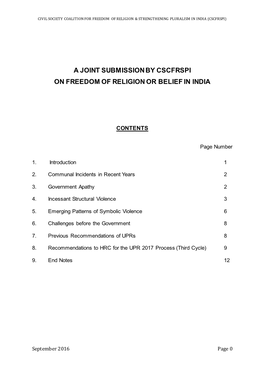 A Joint Submission by Cscfrspi on Freedom of Religion Or Belief in India