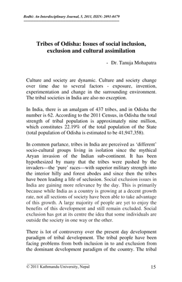 Tribes of Odisha: Issues of Social Inclusion, Exclusion and Cultural Assimilation