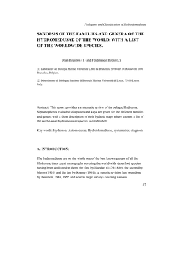 Synopsis of the Families and Genera of the Hydromedusae of the World, with a List of the Worldwide Species