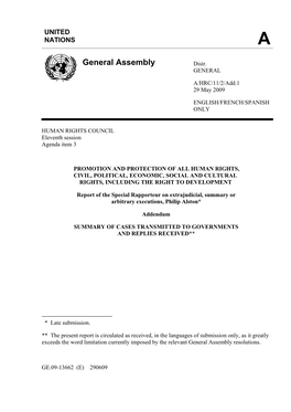 Report of the Special Rapporteur on Extrajudicial, Summary Or Arbitrary Executions, Philip Alston*