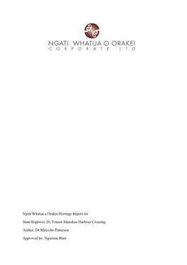 Ngati Whatua O Orakei Heritage Report for State Highway 20