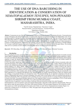 The Use of Dna Barcoding in Identification & Conservation of Nematopalaemon Tenuipes, Non-Penaeid Shrimp from Mumbai Coast, Maharashtra, India