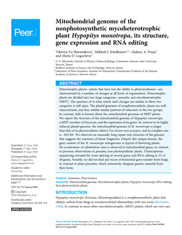 Mitochondrial Genome of the Nonphotosynthetic Mycoheterotrophic Plant Hypopitys Monotropa, Its Structure, Gene Expression and RNA Editing