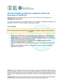 Should Antiseptic Mouthwash Or Gargle Be Used in the Prevention of COVID-19?