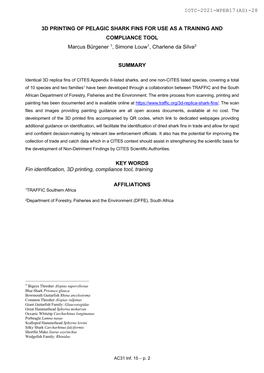 3D PRINTING of PELAGIC SHARK FINS for USE AS a TRAINING and COMPLIANCE TOOL Marcus Bürgener 1, Simone Louw1, Charlene Da Silva2